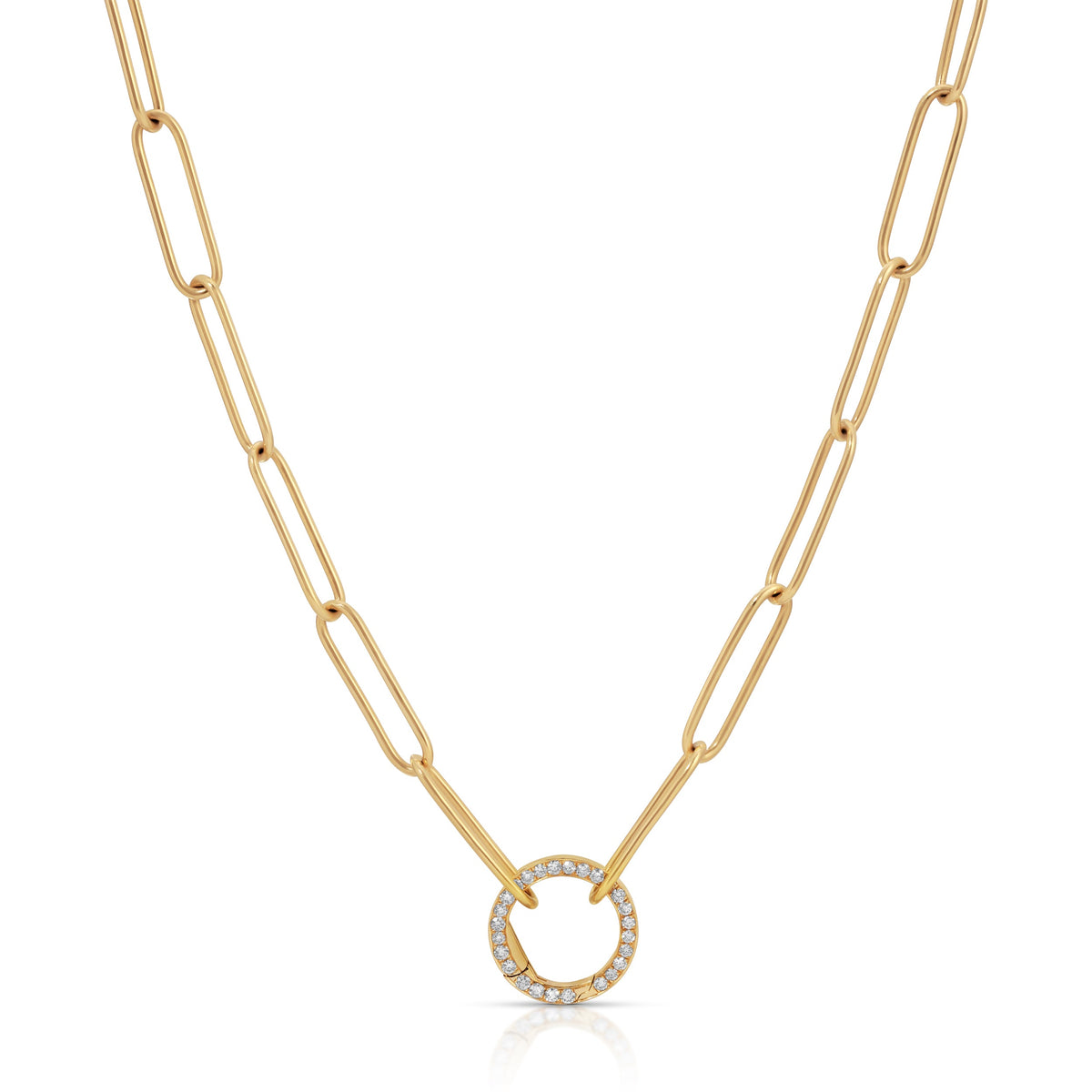 Front view of Charm Chain showing diamond paved circular clasp on 18 karat yellow gold paperclip chain on white background