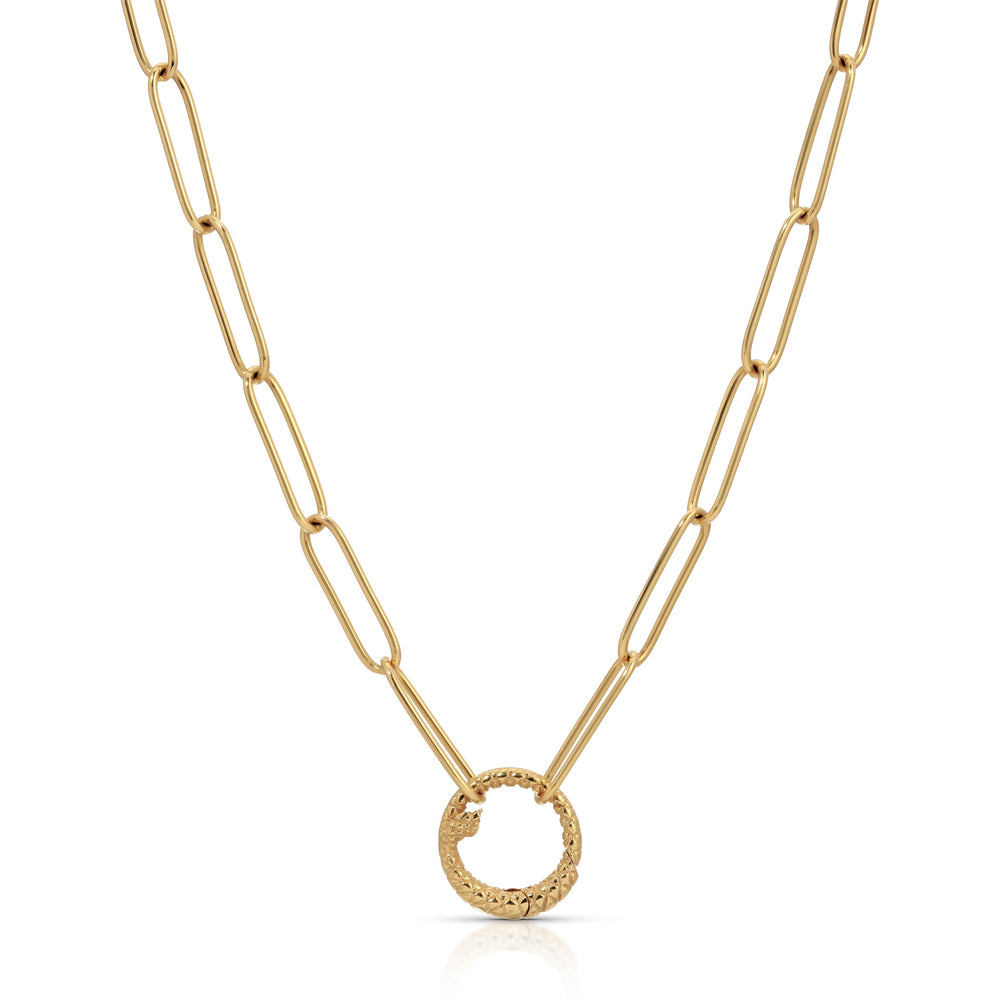 Front view of Charm Chain showcasing textured snake ring clasp and elongated paper‑clip 18k yellow gold links on white background