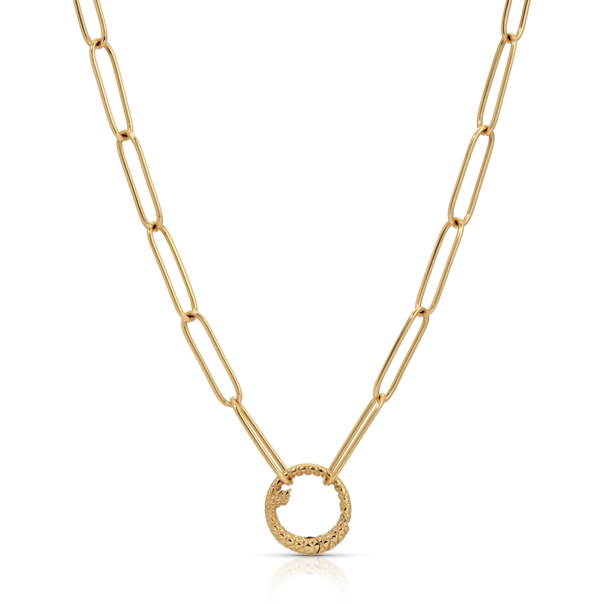 Front view of Charm Chain showcasing textured snake ring clasp and elongated paper‑clip 18k yellow gold links on white background