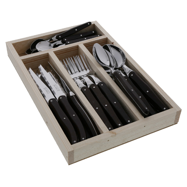 Angled view of Everyday Flatware Set in Wenge Wood, Set of 24 showcasing wenge wood handles in a wooden tray