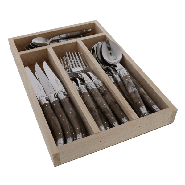 Angled view of the 24-piece Everyday Flatware Set with dark horn-colored handles in a wooden organizer tray