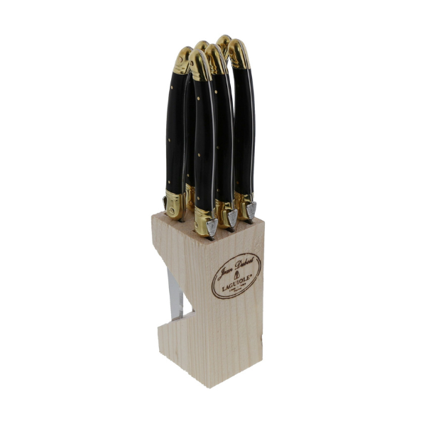 Front view of Knives in a Block in Black & Brass, Set of 6 with black handles and brass details