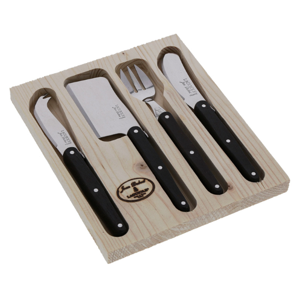Angled view of Mini Cheese Set showcasing four stainless steel knives with wenge wood handles on a wood tray