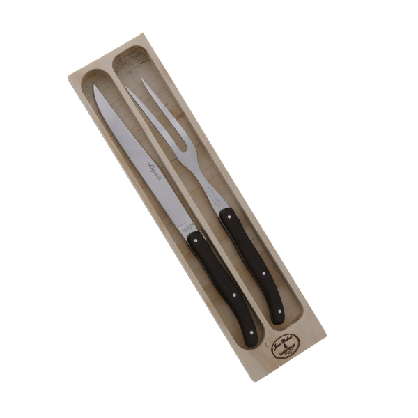 Angled view of Carving Set in Wenge Wood showcasing a carving knife and fork in a wooden box on a white background