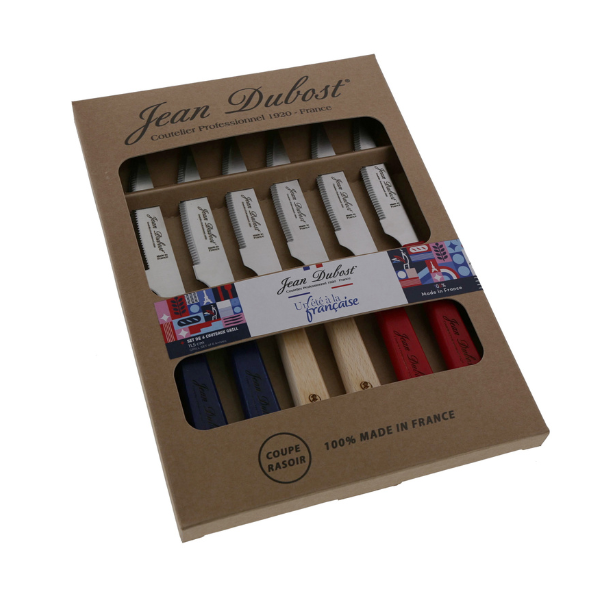 Front view of six Grill Beechwood Knives in Paris Colors showcasing assorted beechwood handles and stainless steel blades