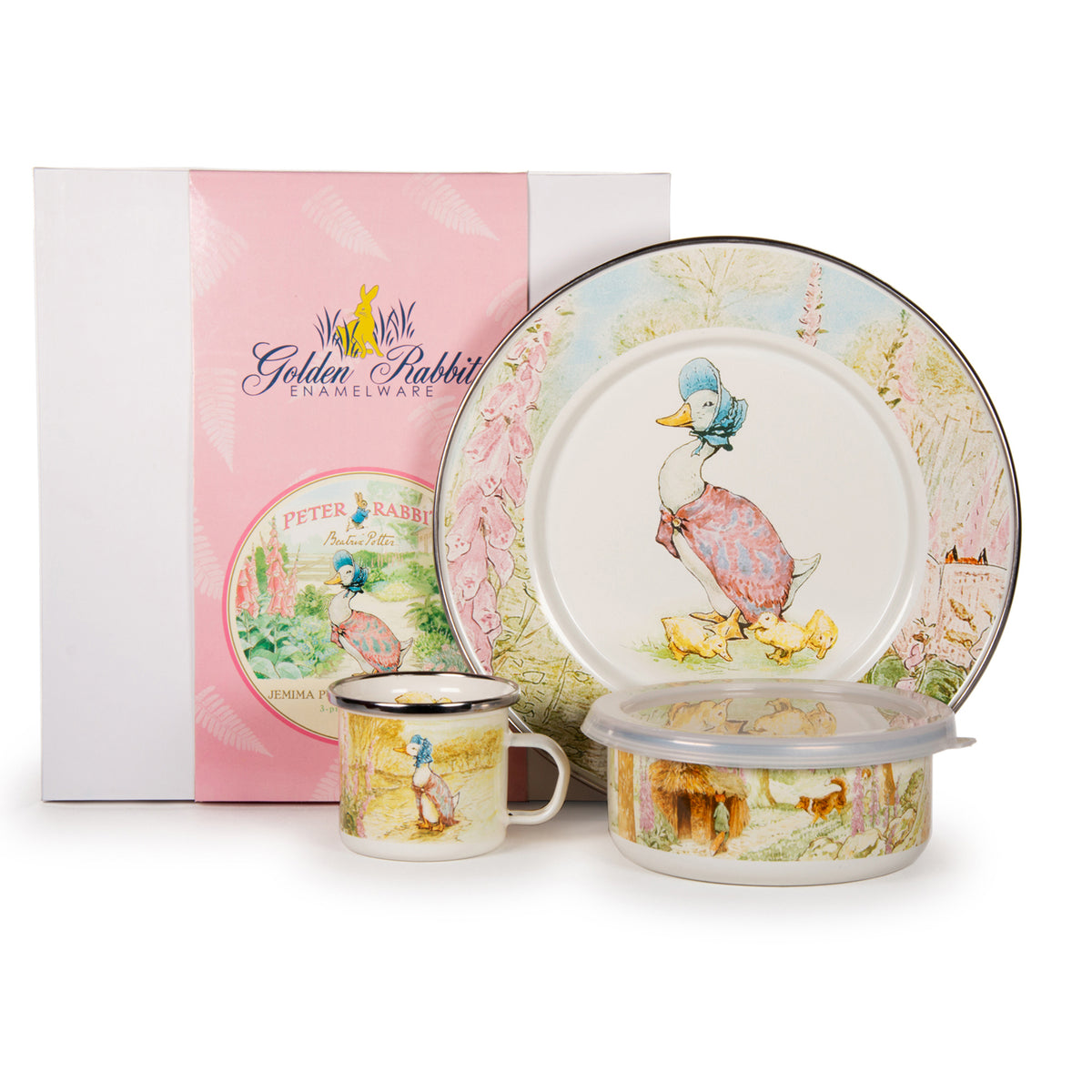 Front view of Jemima Puddle-Duck Child Set showcasing Beatrix Potter illustrations on enamelware with a white background
