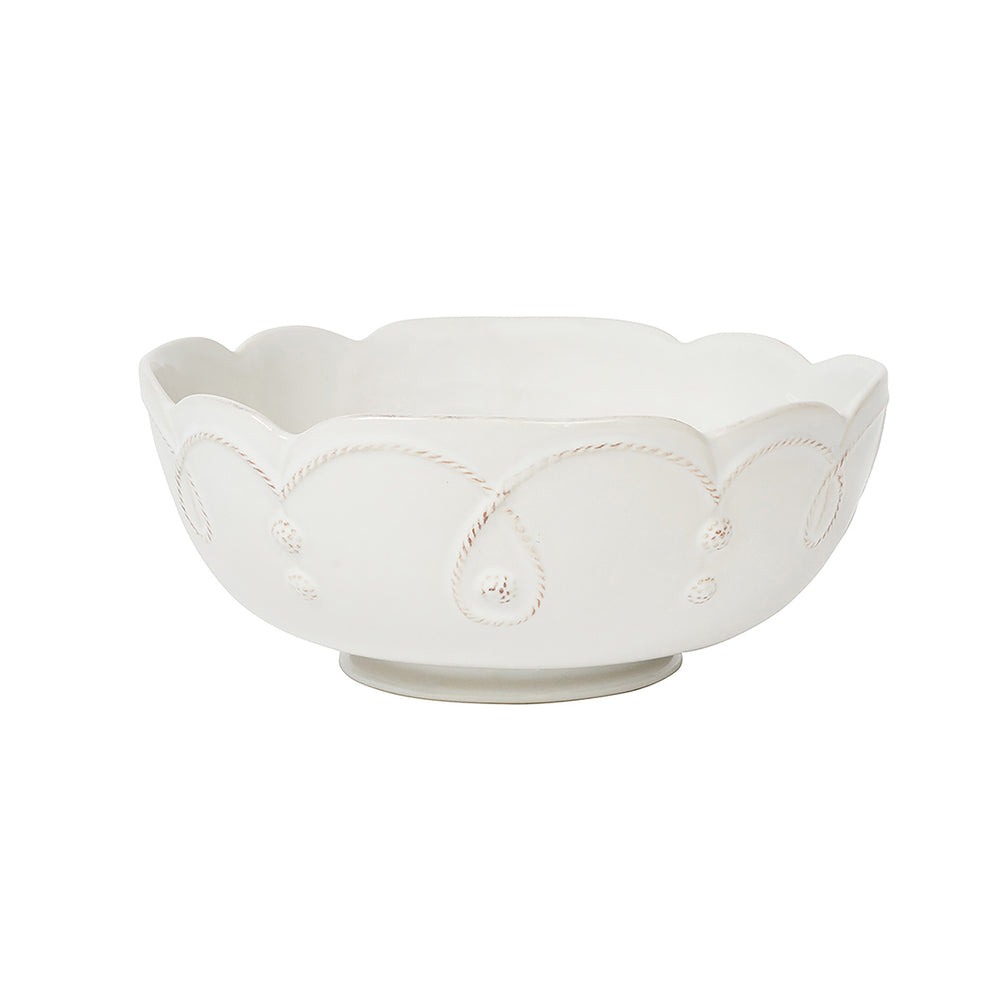 Front view of Jardins Du Monde 10 inch serving bowl in Whitewash with scalloped rim and Gardens of the World motif