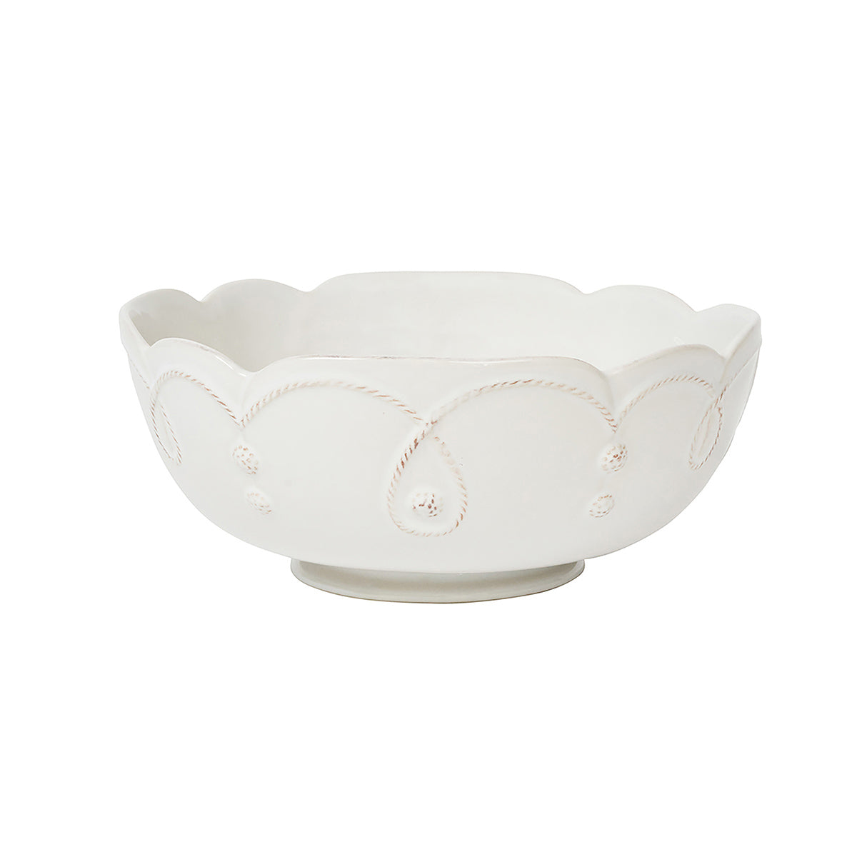 Front view of Jardins Du Monde 10 inch serving bowl in Whitewash with scalloped rim and Gardens of the World motif