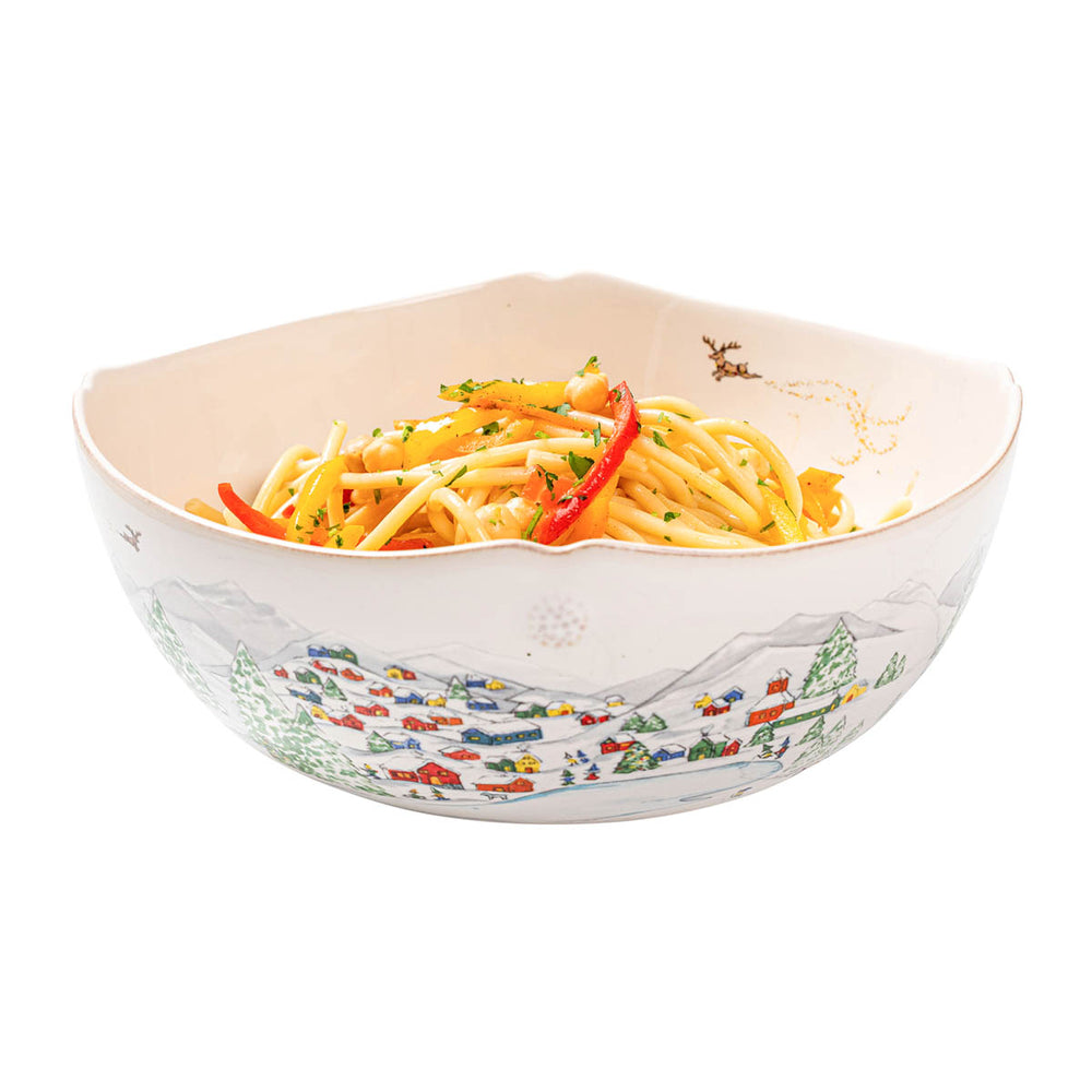 Front view of Berry & Thread North Pole 10-inch serving bowl with village illustration and scalloped rim on white background