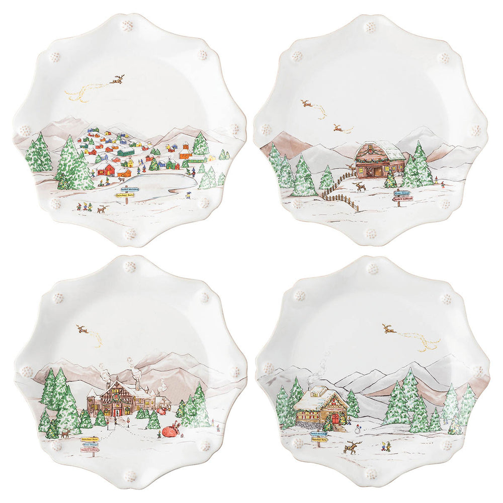 Top view of Berry & Thread North Pole dessert plates set of 4 showcasing scalloped edges and hand-painted holiday scenes