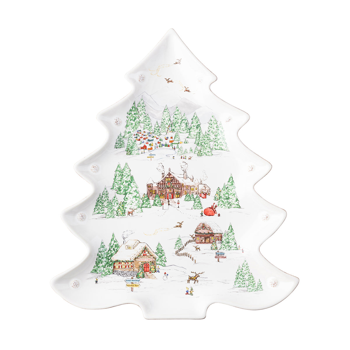 Front view of Berry and Thread North Pole small tree-shaped ceramic tray showcasing snowy village illustration on white background