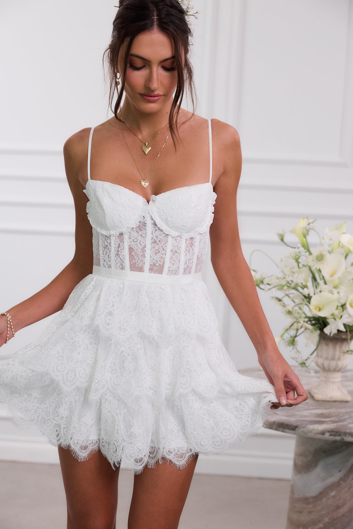 The Josie Dress in White Chantilly Lace
