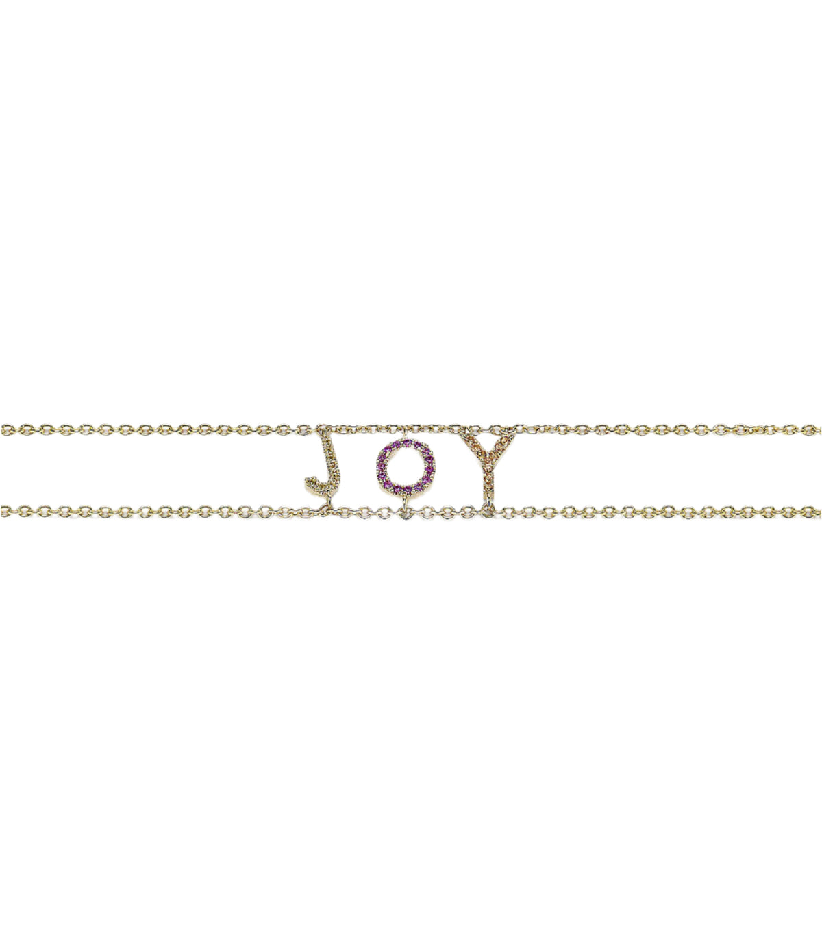 Front view of double gold Joy say-something bracelet showcasing letter charms set with pink and yellow sapphires