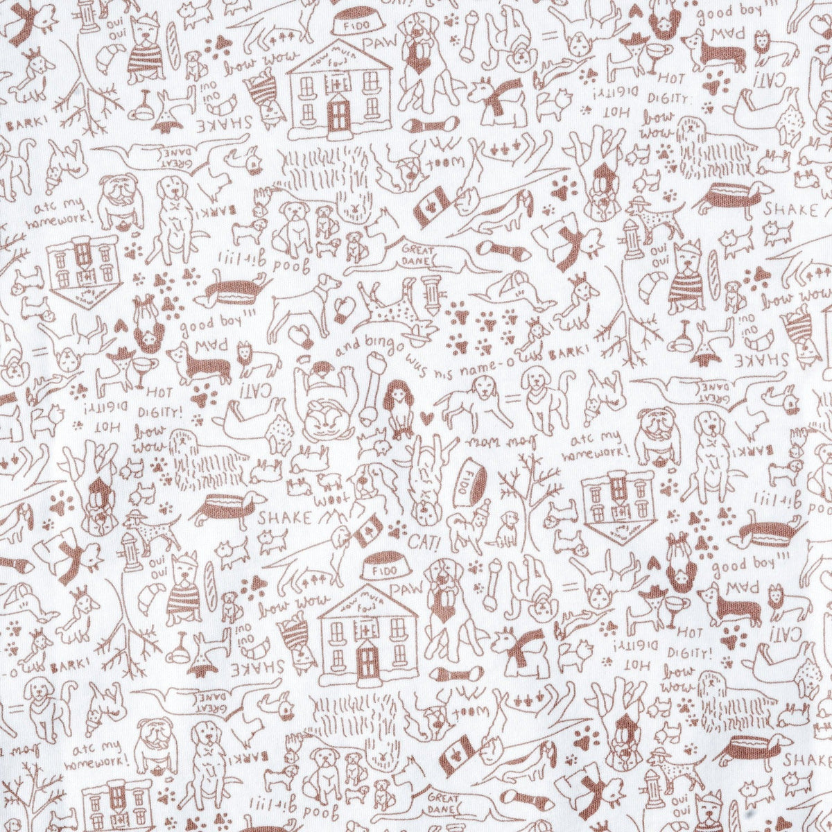 Close-up of the Good Dog Zip Baby Onesie showcasing its ivory ground and brown hand-drawn dog print
