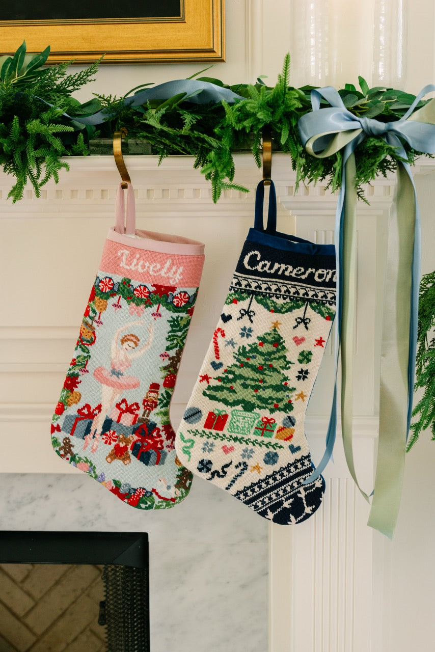Needlepoint Christmas Tree Stocking in Navy