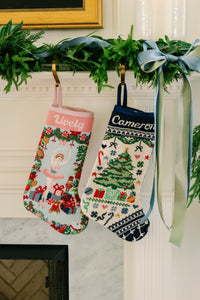 Needlepoint Christmas Tree Stocking in Navy