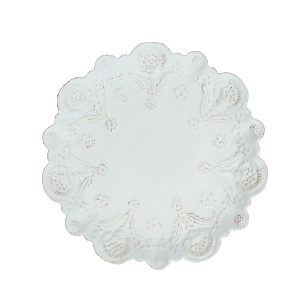 Top view of Berry and Thread Thistle dessert salad plate in whitewash showcasing scalloped edges and thistle motif
