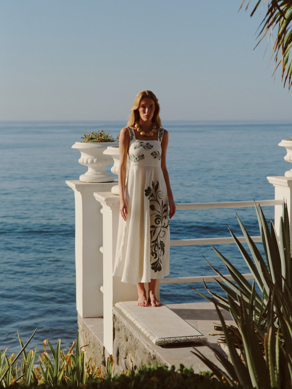 Noelia Embroidered Linen Midi Dress in Ivory Green Buganvilias