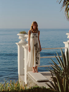 Noelia Embroidered Linen Midi Dress in Ivory Green Buganvilias
