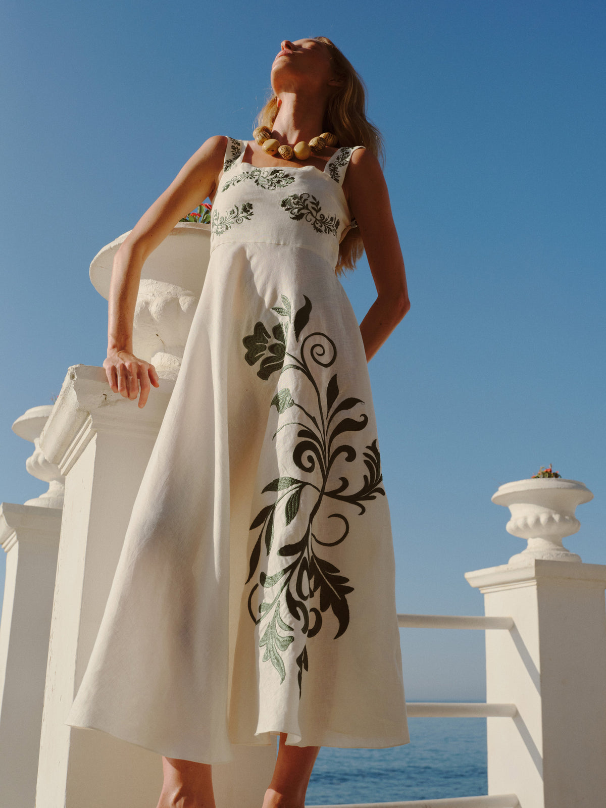 Noelia Embroidered Linen Midi Dress in Ivory Green Buganvilias