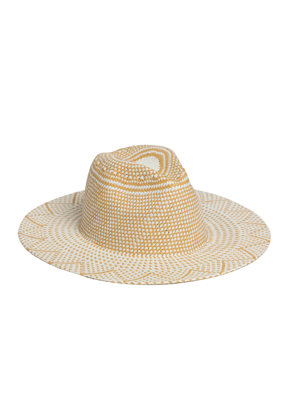 3/4 angle of Ivory and Tan Woven Sun Hat