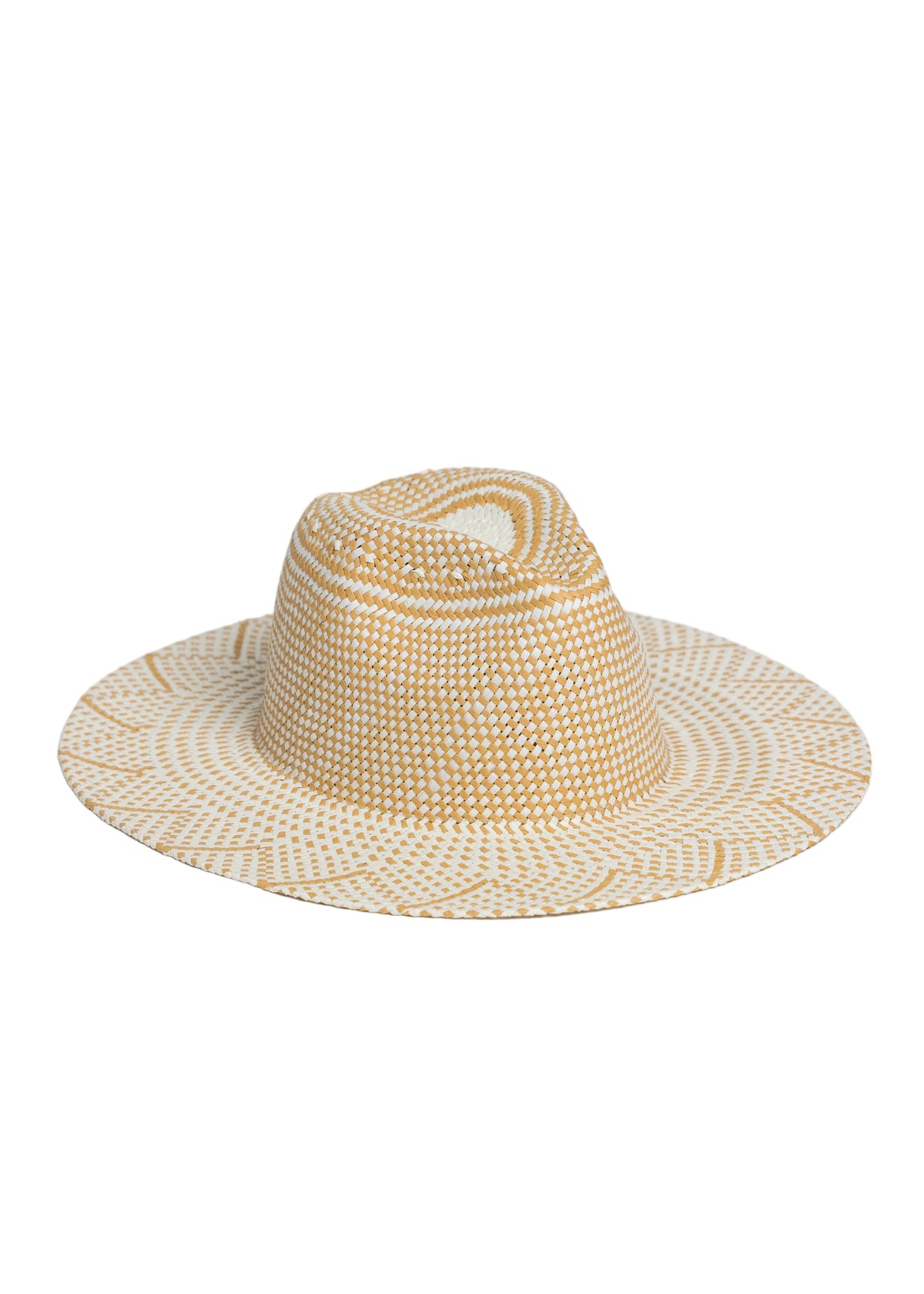 3/4 angle of Ivory and Tan Woven Sun Hat