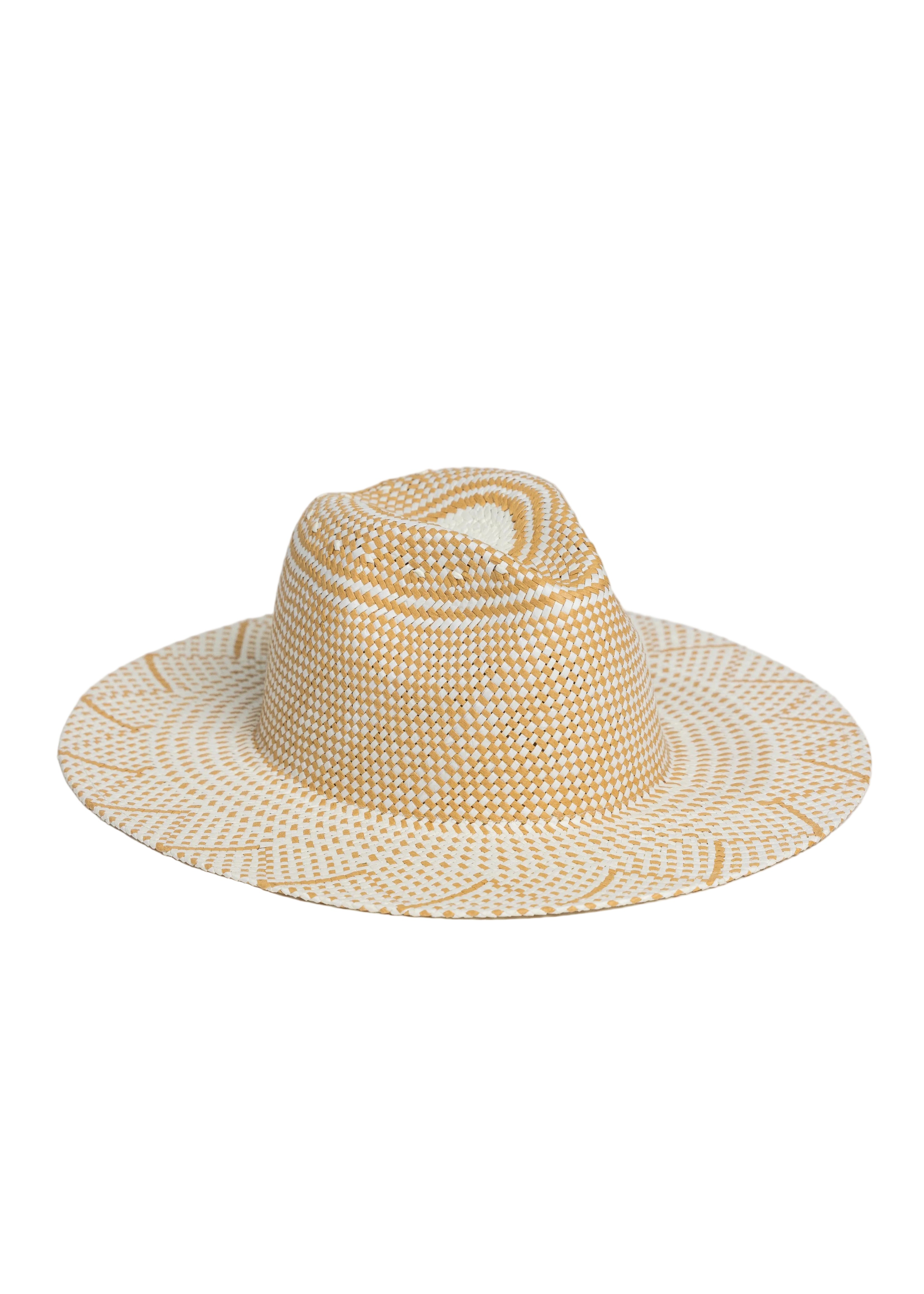 3/4 angle of Ivory and Tan Woven Sun Hat