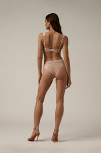 Balconette bra sheer lace scalloped edge thick straps back view