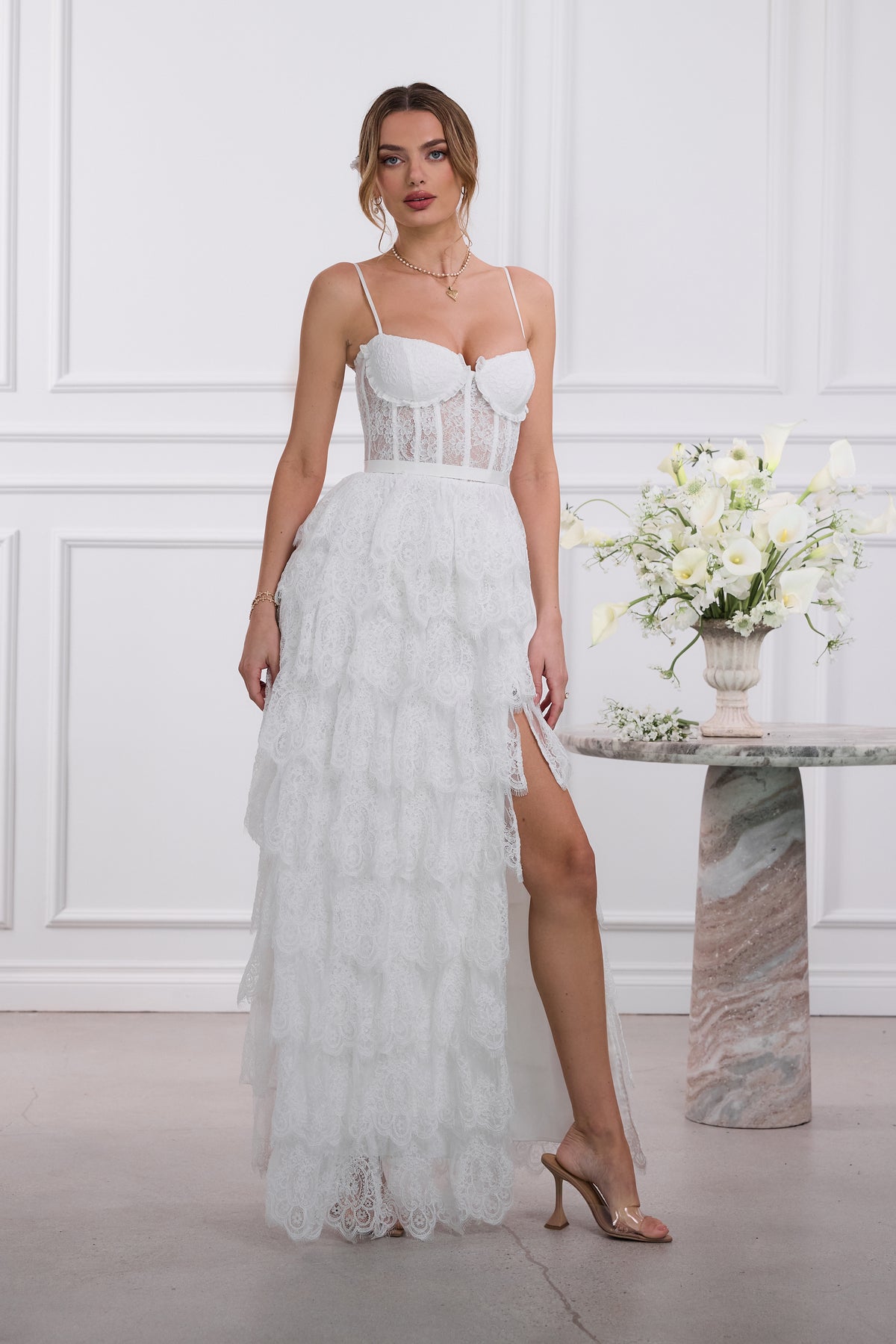 The Juniper Dress in White Chantilly Lace