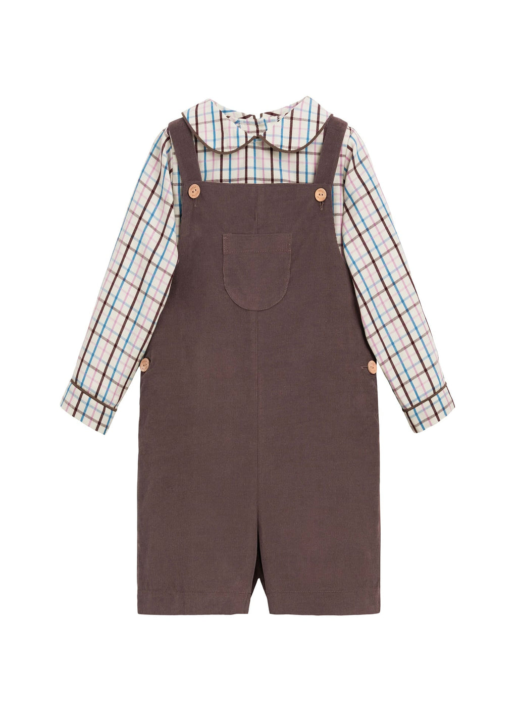 Little English traditional children's clothing. Brown, pink, and blue Wilmington plaid peter pan shirt paired with chocolate brown corduroy shortall for toddler boys
