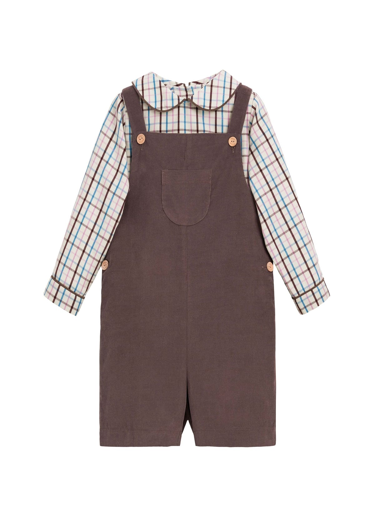 Little English traditional children's clothing. Brown, pink, and blue Wilmington plaid peter pan shirt paired with chocolate brown corduroy shortall for toddler boys