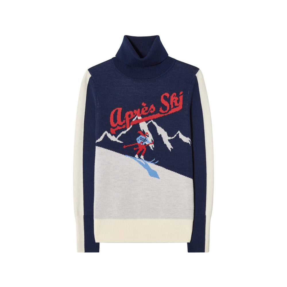 Front view of AfterSki sweater with navy turtleneck, red Apres Ski graphic and skier, cream colorblock on white