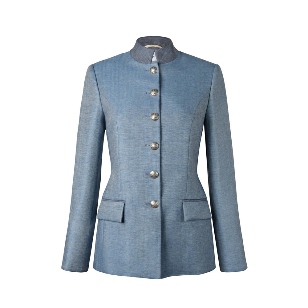 Front view of Camille Bleu blue jacket showing mandarin collar, tailored waist, flap pockets, six buttons on white background
