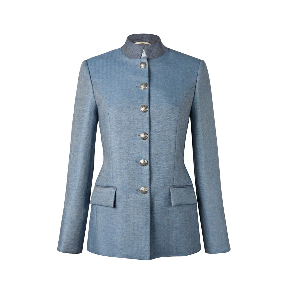 Front view of Camille Bleu blue jacket showing mandarin collar, tailored waist, flap pockets, six buttons on white background