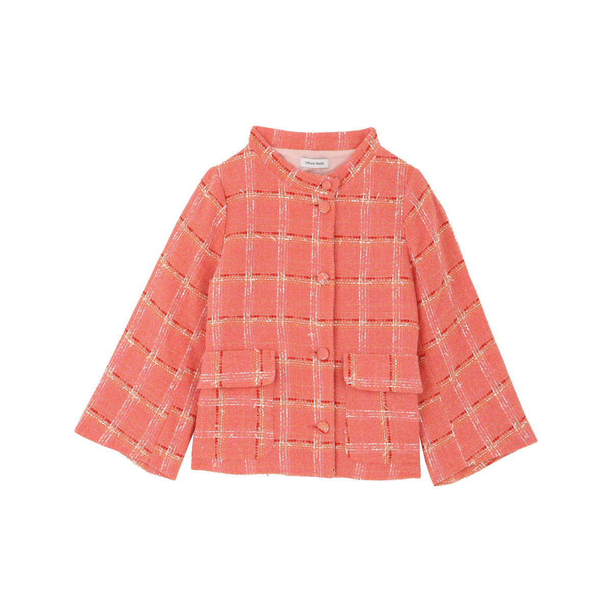 Front view of Emma Jacket in Carré Saumon tweed with covered buttons and front flap pockets on white background