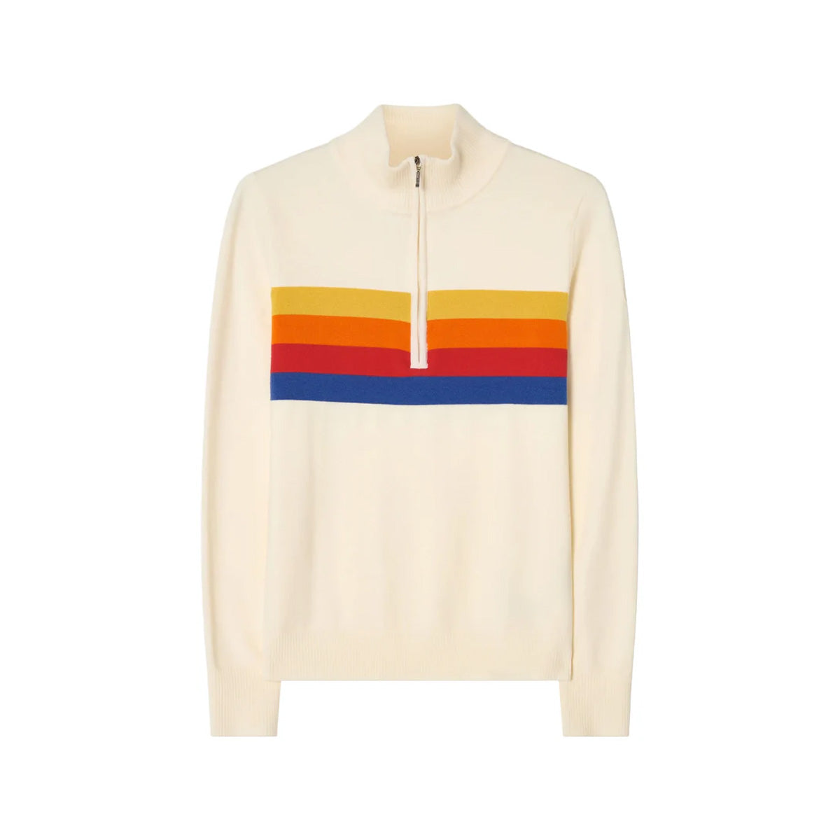 Front view of FreeBird Zip Up in Off White showcasing signature rainbow stripes and 1/4-zip opening against a white background