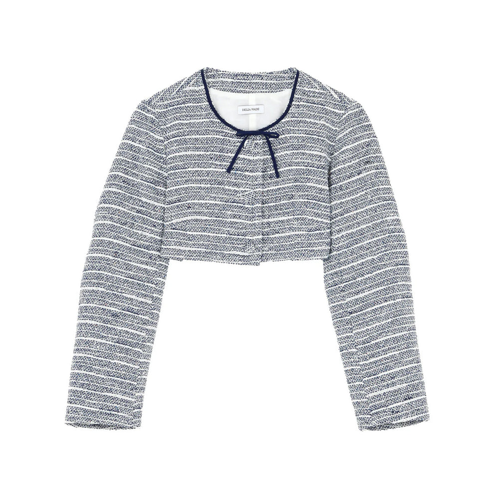 Front view of Leandra cropped tweed jacket with navy grosgrain bow at the neckline on white background
