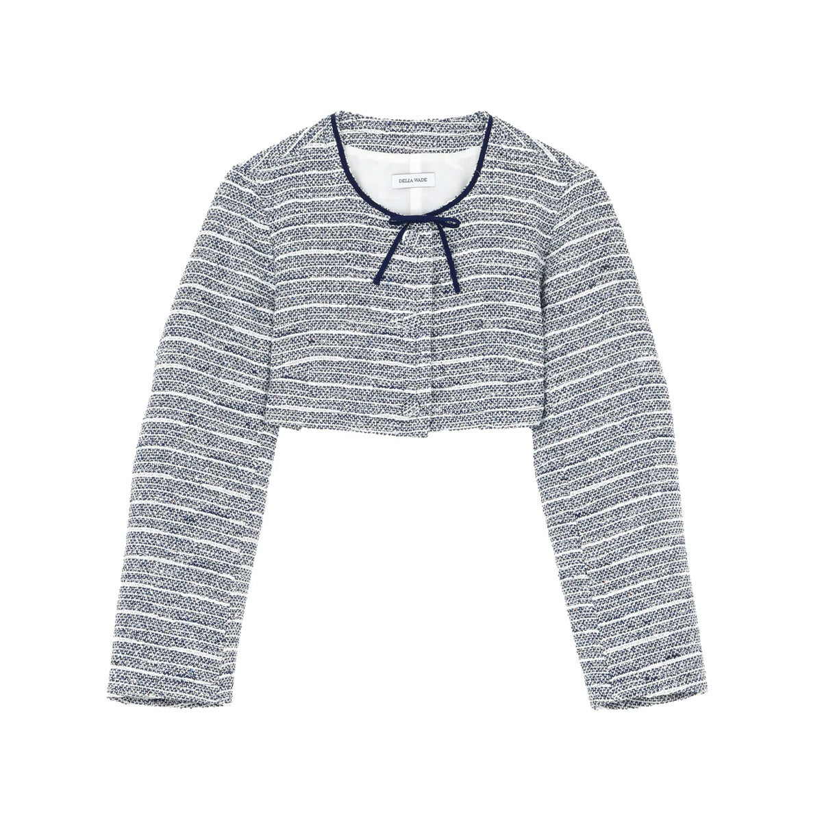 Front view of Leandra cropped tweed jacket with navy grosgrain bow at the neckline on white background