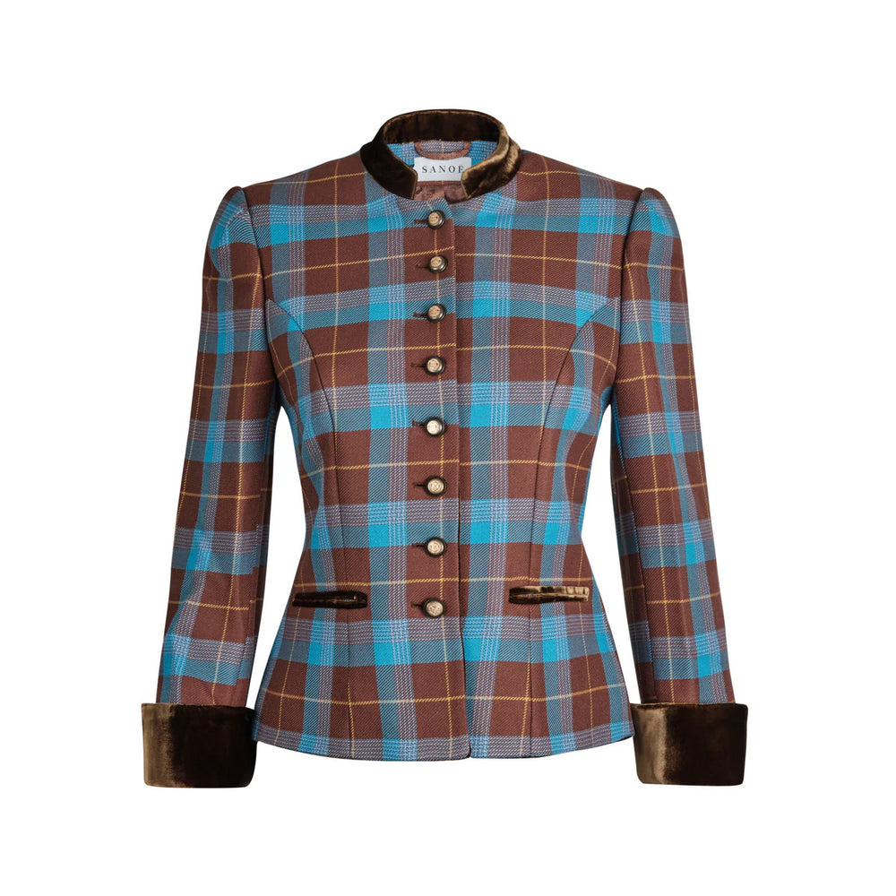 Front view of Sanoë Annabelle Terra plaid jacket with nipped waist, velvet stand collar and cuffs, and gold buttons on white background