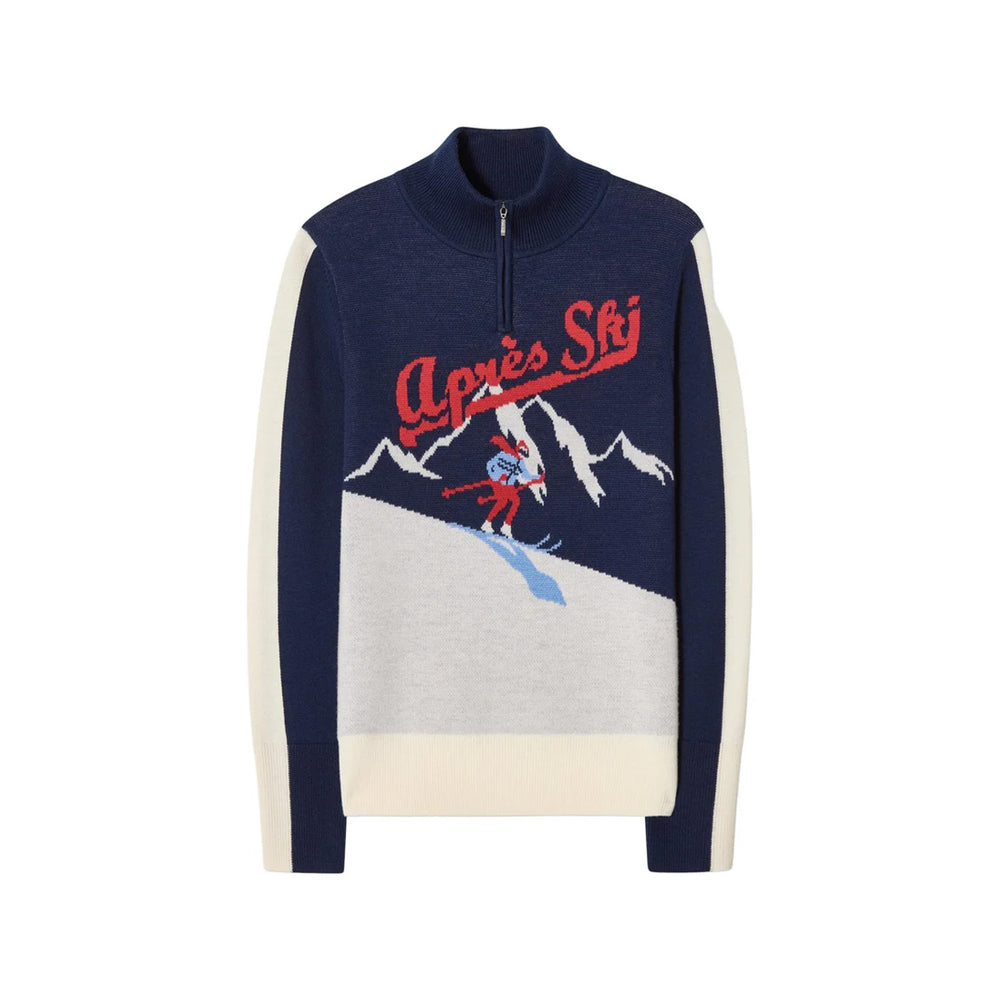 Front view of AfterSki zip-up sweater showing red Après Ski script and skier graphic, cream side panels and half-zip collar on white background