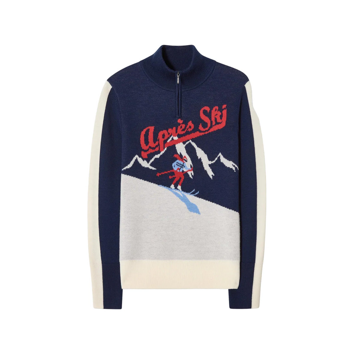 Front view of AfterSki zip-up sweater showing red Après Ski script and skier graphic, cream side panels and half-zip collar on white background