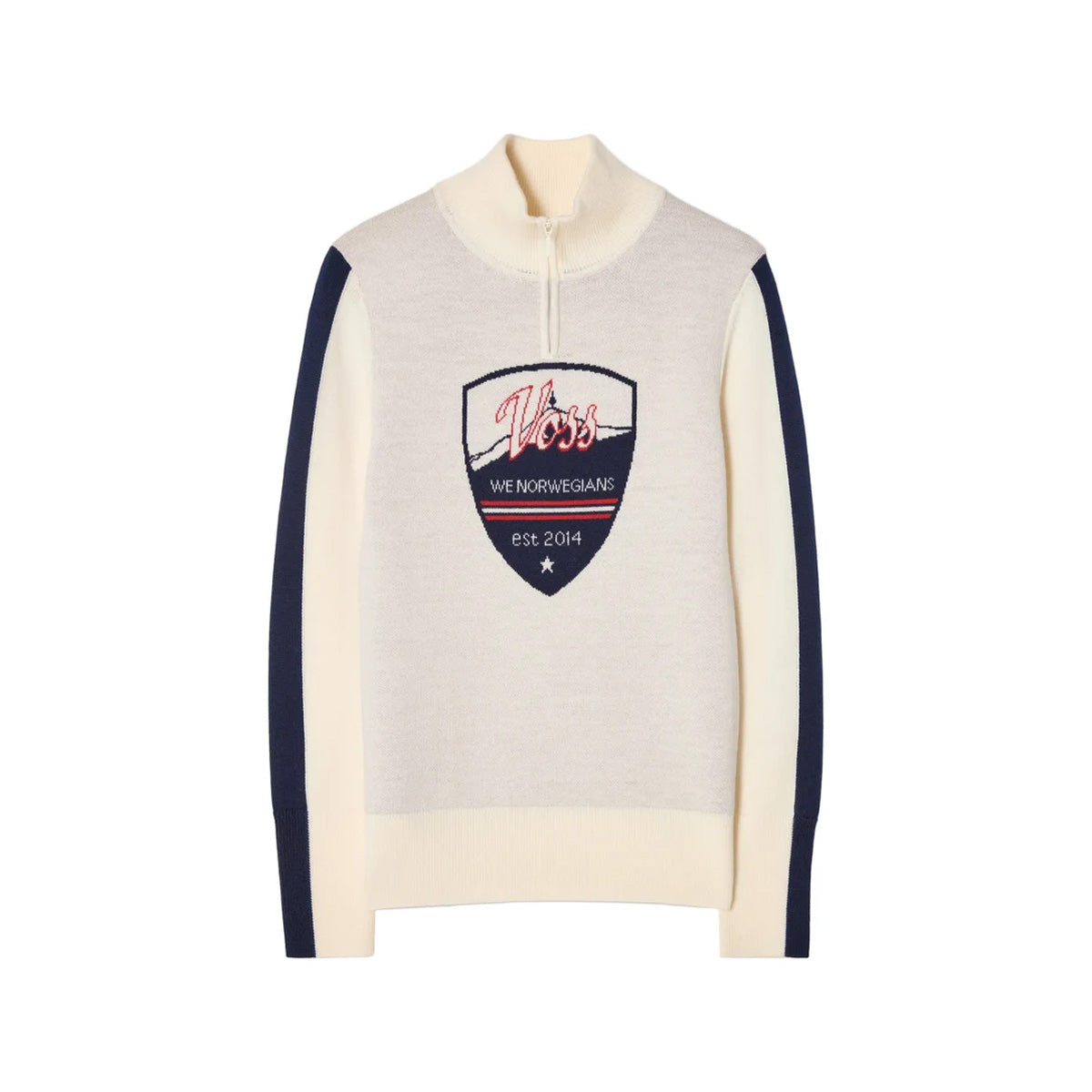 Front view of AfterSki Zip Up in Cream showcasing navy sleeve stripes, jacquard artwork, and quarter-zip collar on white background