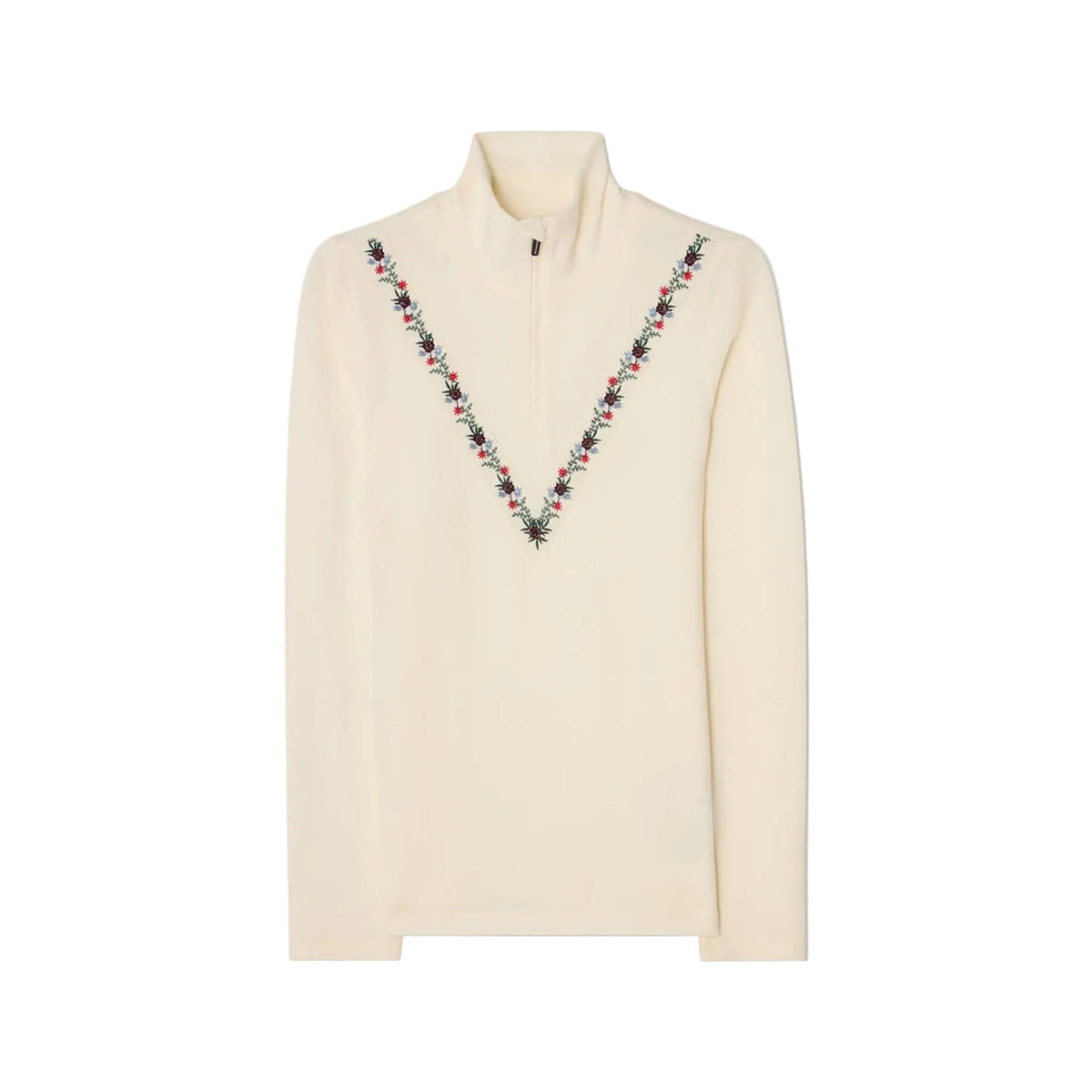 Front view of WN x Markarian zip-up sweater in cream showcasing V-shaped floral embroidery and half-zip mock neck on white background