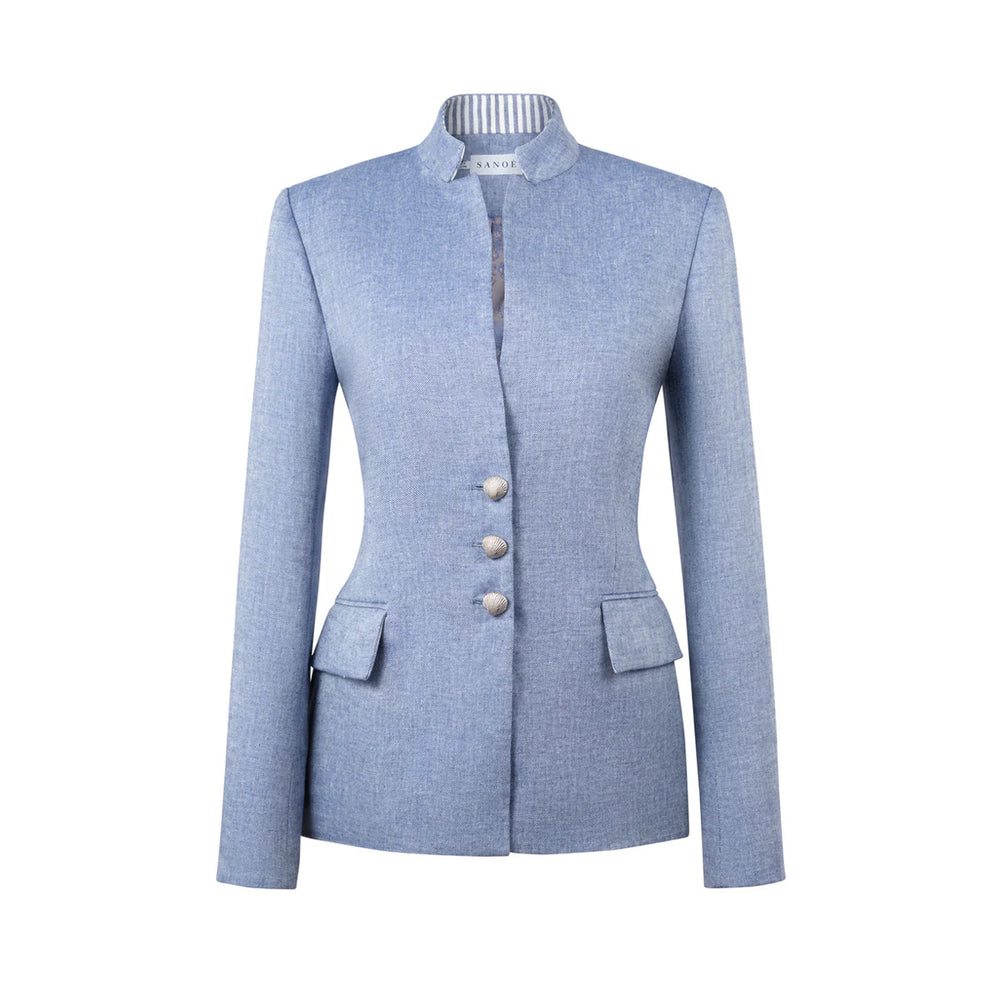 Front view of Daisy Sailor blazer in blue linen showcasing tailored waist and three silver shell buttons on white background