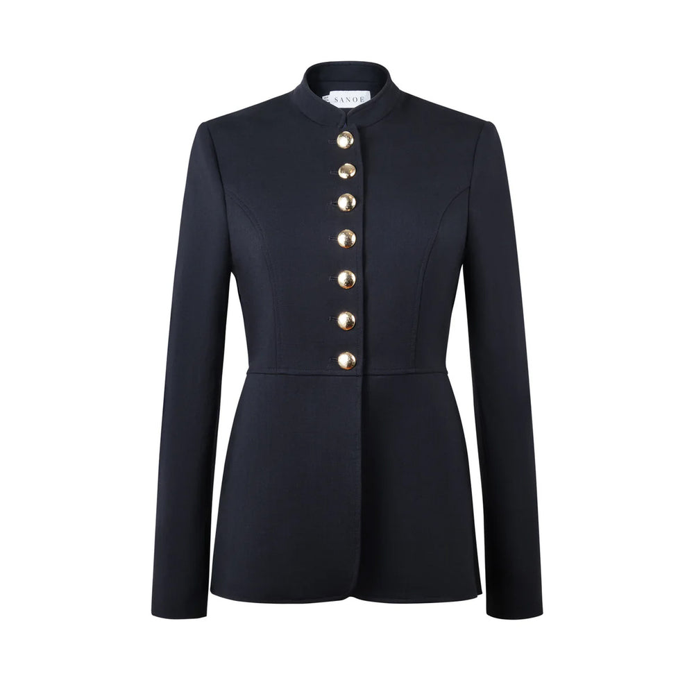 Front view of Sabri Minuit blazer in navy showcasing structured shoulders and gold-tone button closures on white background