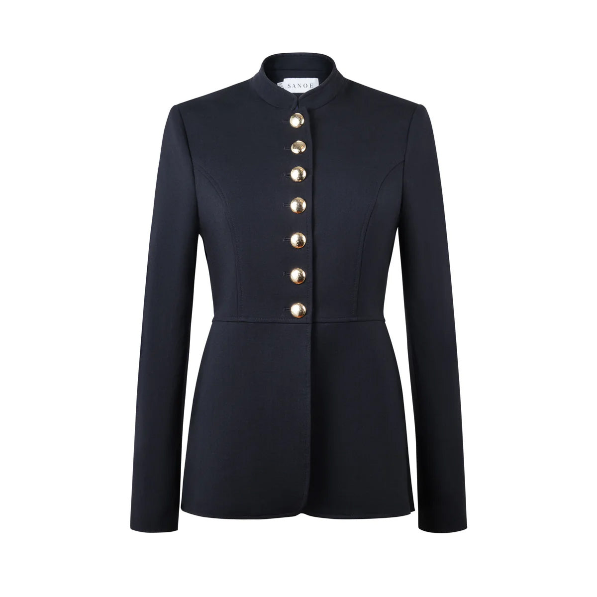 Front view of Sabri Minuit blazer in navy showcasing structured shoulders and gold-tone button closures on white background