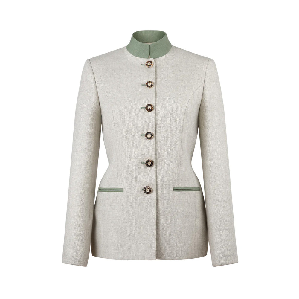 Front view of Louise Gris grey linen jacket with mandarin collar, horn buttons, tailored silhouette and green trim pockets