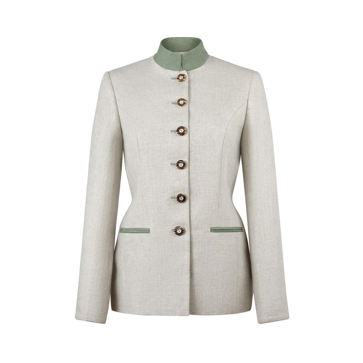 Front view of Louise Gris grey linen jacket with mandarin collar, horn buttons, tailored silhouette and green trim pockets