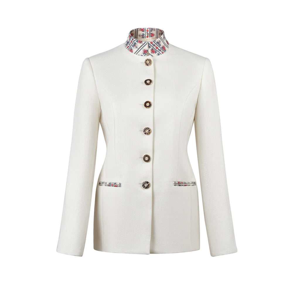 Front view of Louise Alpin linen jacket showcasing stand collar with floral trim and horn button closures on white background