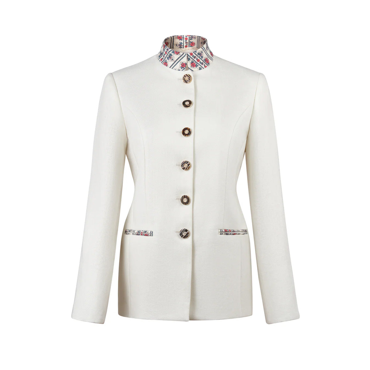 Front view of Louise Alpin linen jacket showcasing stand collar with floral trim and horn button closures on white background